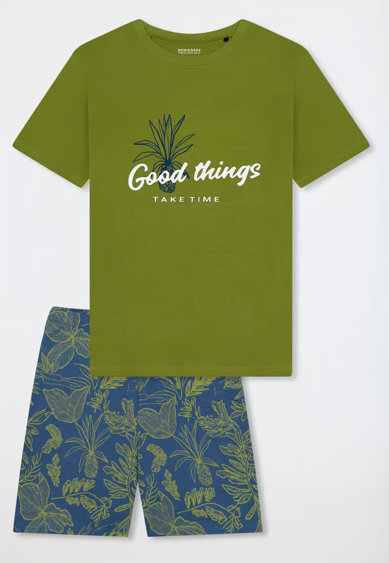 Schiesser Schlafanzug kurz Ananas grasgrün Gr.176