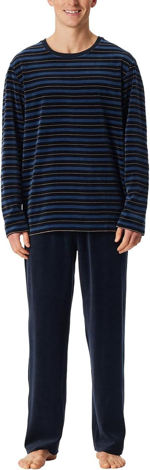 Schiesser Schlafanzug lang Velour Streifen nachtblau Gr.548