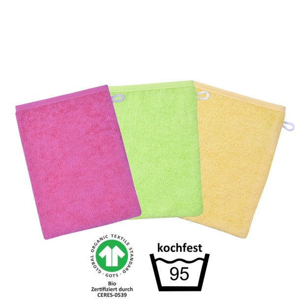 Wörner Südfrottier BIO GOTS kochfest pink/grün/gelb Waschhandschuh 3er Pack 15x21 cm