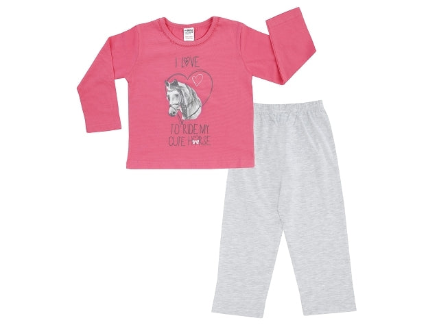 %%% Jacky Schlafanzug lang Mädchen 2-tlg. pink grau Pferd  Gr. 86/92 - 122/128