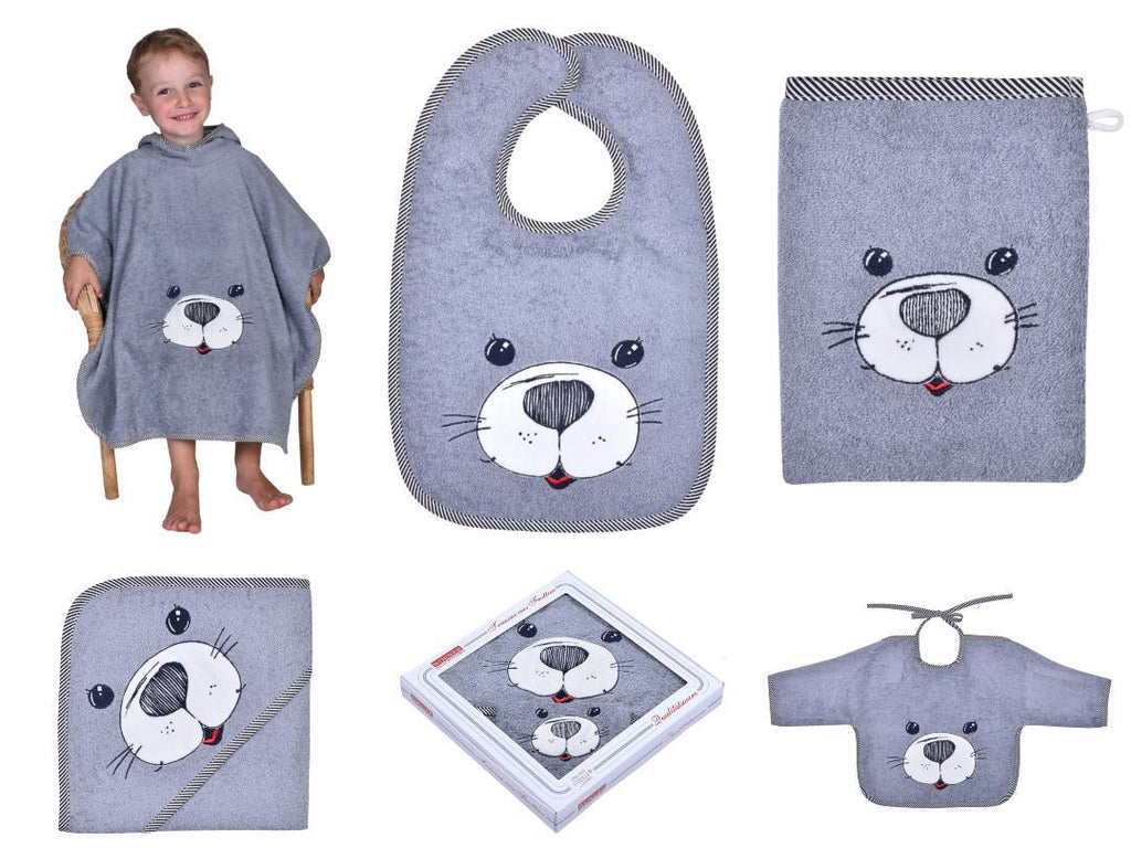 NEU Südfrottier Serie "Seehund grau" Badetücher, Badeponcho, Lätzchen etc