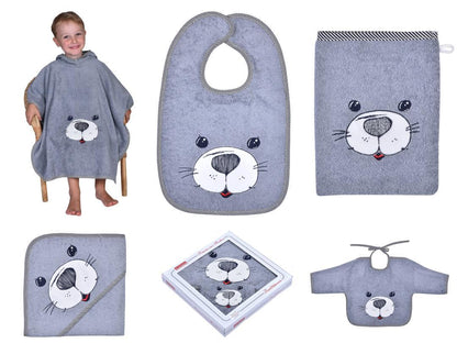 NEU Südfrottier Serie "Seehund grau" Badetücher, Badeponcho, Lätzchen etc