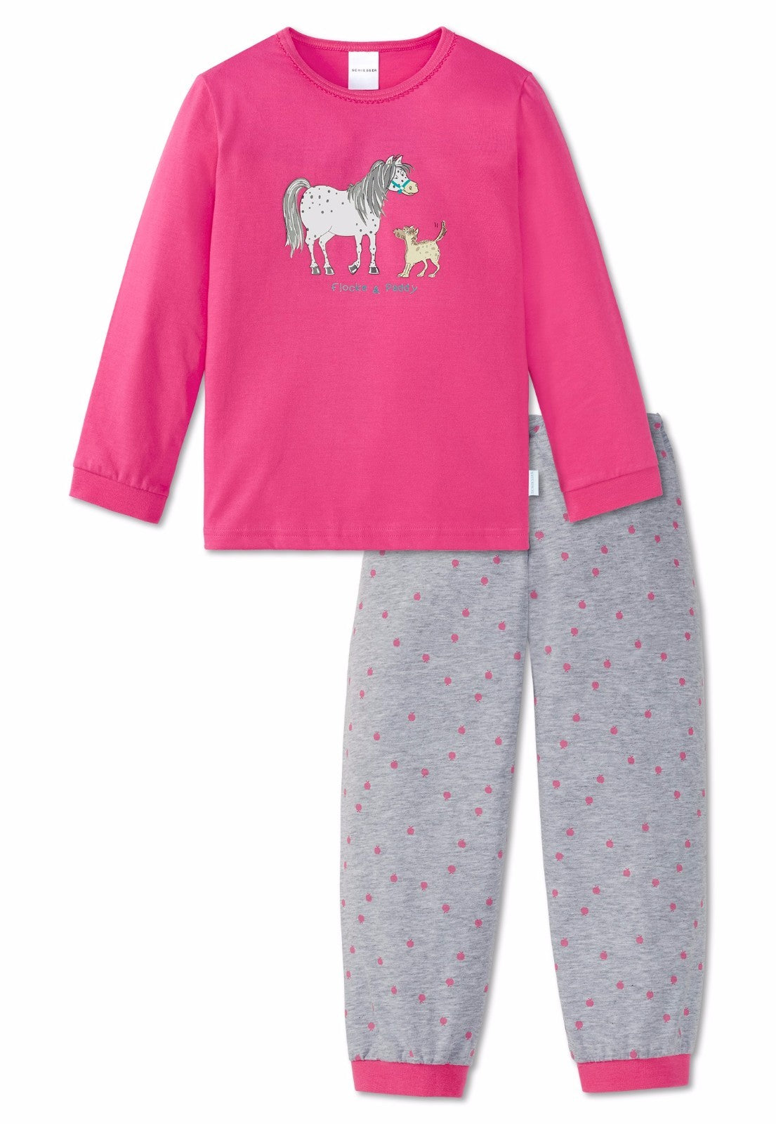 Schiesser Mädchen langer Schlafanzug 2-tlg grau pink  Pony Flocke Gr. 92 - 104