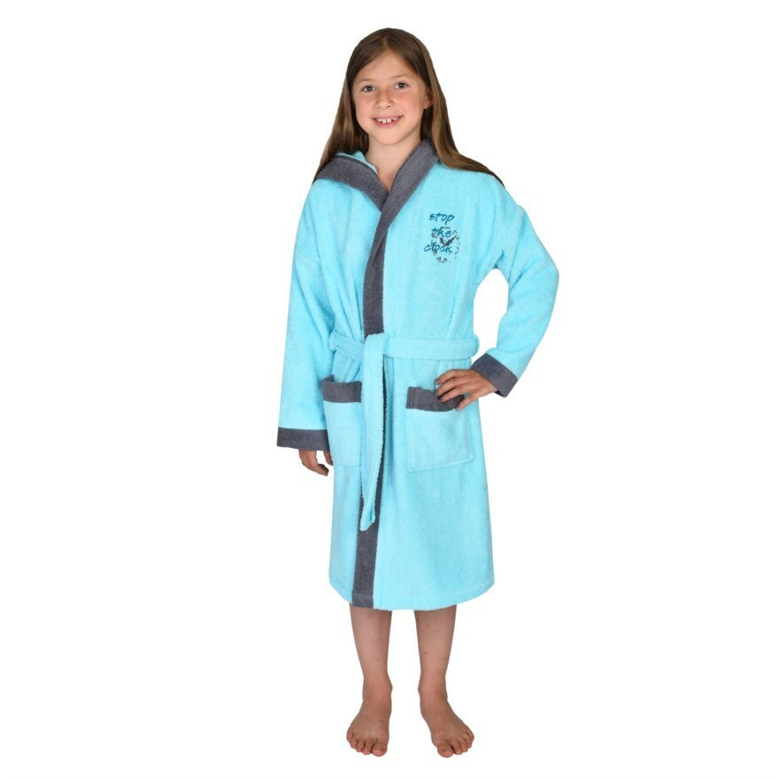 %%  Wörner Südfrottier Mädchen Bademantel "Stop the Clock " NEUWARE  Gr. 128 %%