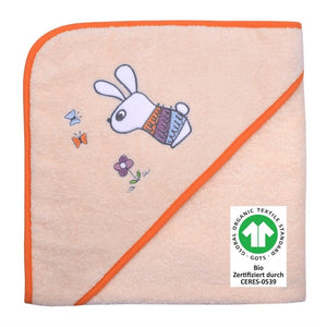 Wörner Südfrottier Kapuzenbadetuch BIO  "Hase Schmetterling" Gr. 100x100