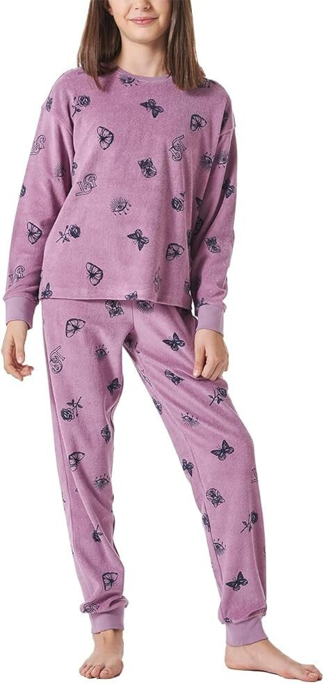 Schiesser  Schlafanzug lang Frottee Bündchen Schmetterling mauve Gr. 140 - 176