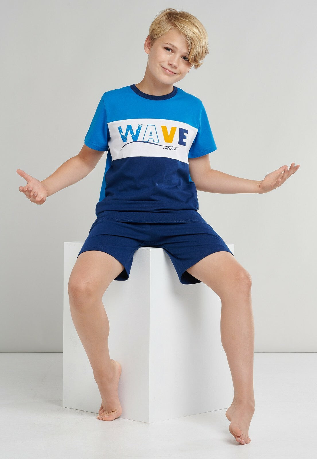 SCHIESSER SCHLAFANZUG KURZ  WAVE BLOCKRINGEL BLAU   Gr. 152-176 