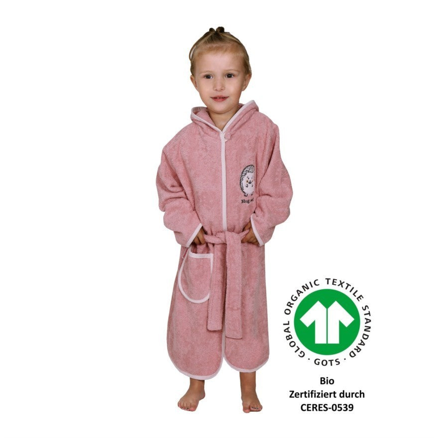 Wörner Südfrottier Igel rosa Kinder Bademantel mit Kapuze Bio Gr.74-116