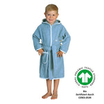 Wörner Südfrottier Dinofamilie blau Kinder Bademantel mit Kapuze Bio Gr.74-116