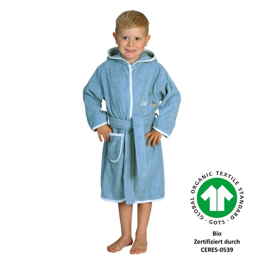 Wörner Südfrottier Dinofamilie blau Kinder Bademantel mit Kapuze Bio Gr.74-116