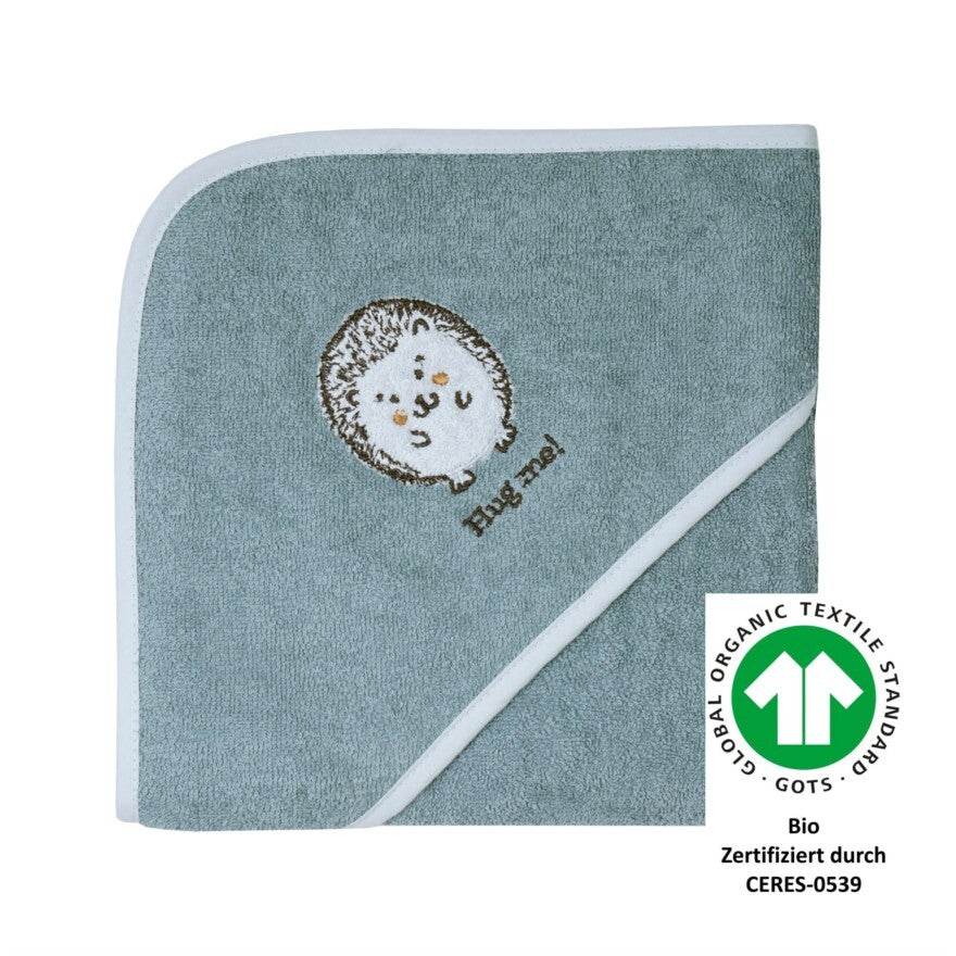  Wörner Südfrottier Kapuzenbadetuch BIO  "Igel blau" Gr. 80x80