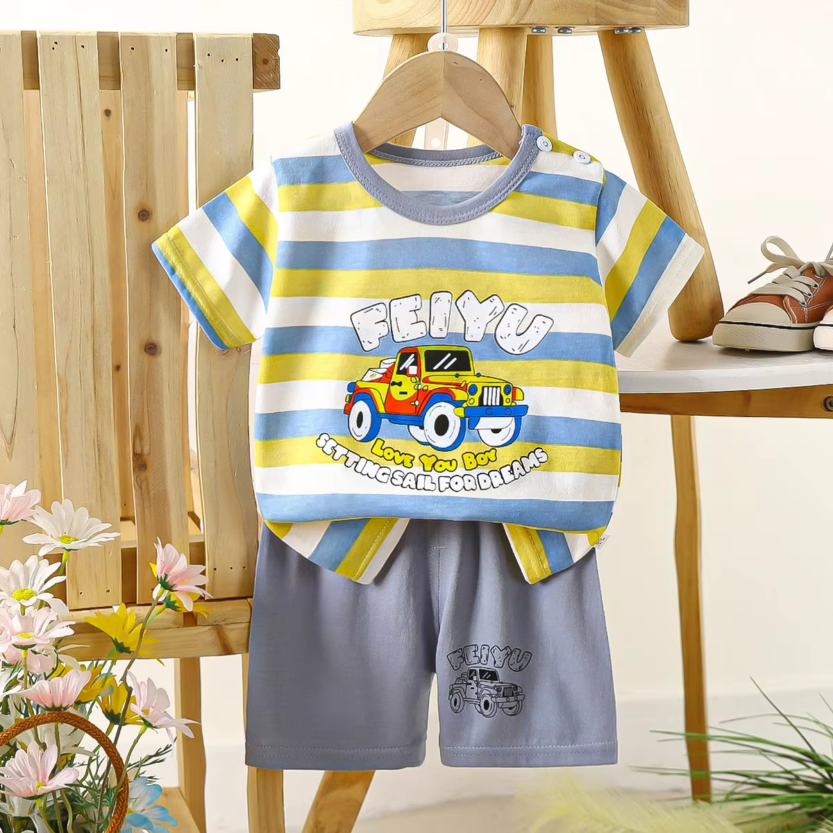 Cooler Baumwoll Jungen 2 Teiler  mit Auto Design von 1 Jahr bis 6 Jahre