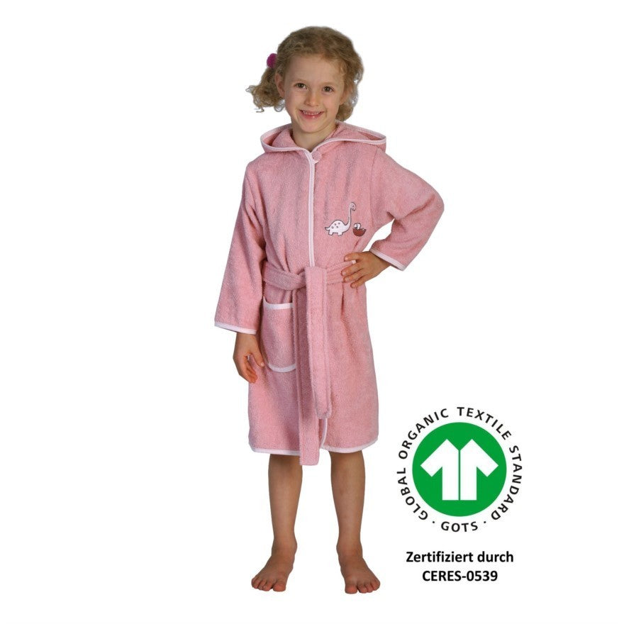 Wörner Südfrottier Dinofamilie rosa Kinder Bademantel mit Kapuze Bio Gr.74-116