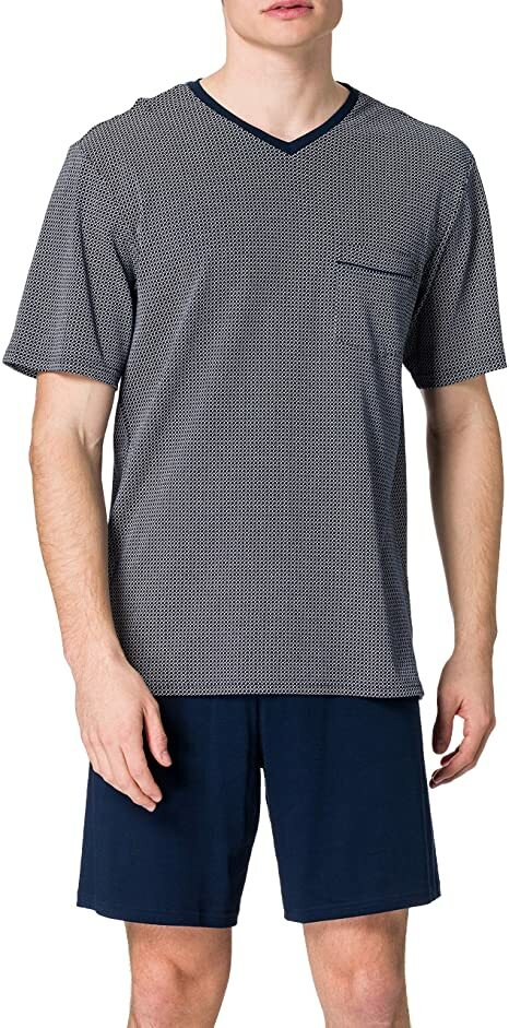 SCHIESSER SCHLAFANZUG KURZ  V-AUSSCHNITT NACHTBLAU GEMUSTERT Gr .48-58
