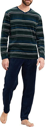 SCHIESSER SCHLAFANZUG lang Velours NICKY V-Ausschnitt Ringel  Gr .60