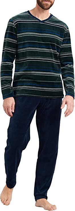 SCHIESSER SCHLAFANZUG lang Velours NICKY V-Ausschnitt Ringel  Gr .60