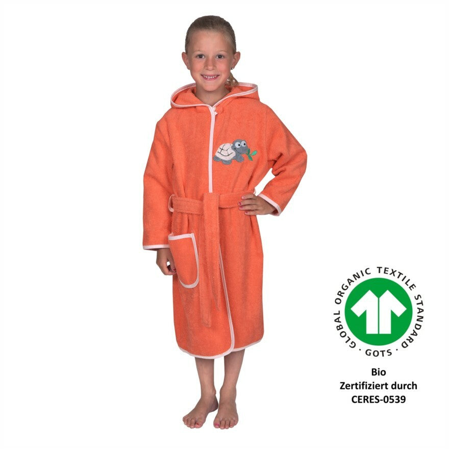 Wörner Südfrottier  MAUZ  " Schildkröte Lachs " BIO Bademantel  Gr. 74/80 +86/92