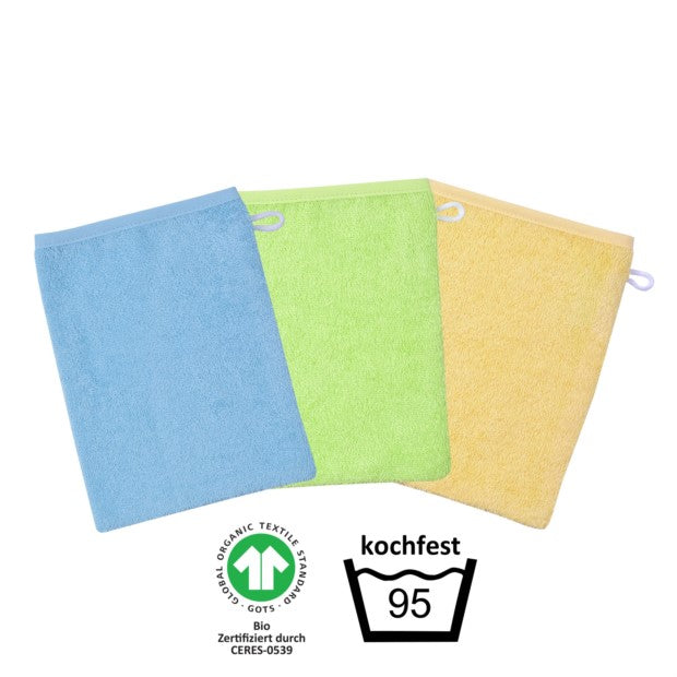 Wörner Südfrottier BIO GOTS kochfest blau Waschhandschuh 3er Pack 15x21 cm