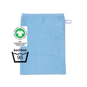 Wörner Süsfrottier BIO GOTS kochfest blau Waschhandschuh Größe 15x21 cm