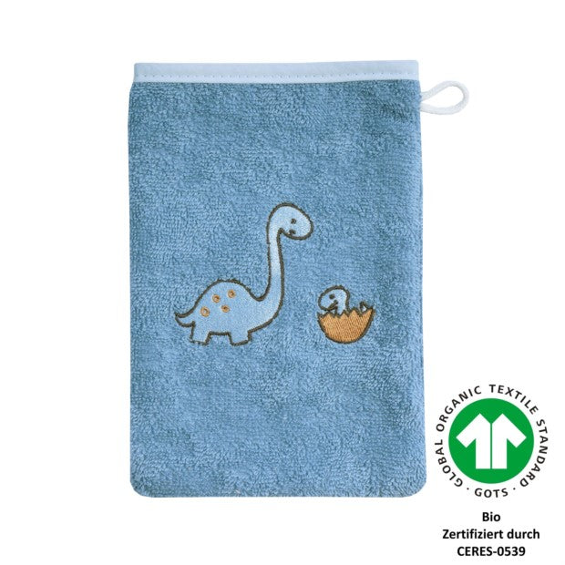 Dinofamilie stahlblau Waschhandschuh BIO Größe 15x21 cm