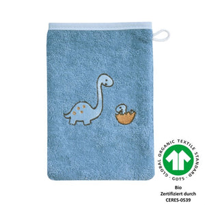 Dinofamilie stahlblau Waschhandschuh BIO Größe 15x21 cm