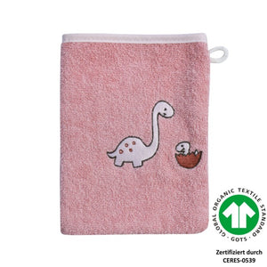 Dinofamilie rosa Waschhandschuh BIO Größe 15x21 cm