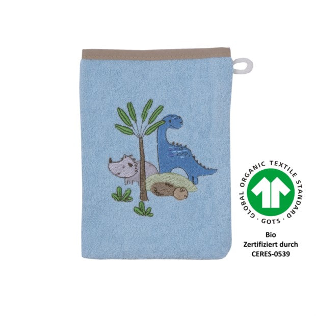 Dinos bleu BIO Waschhandschuh Größe 15x21 cm