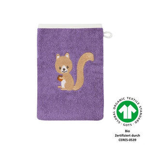 Eichhörnchen flieder Waschhandschuh BIO Größe 15x21 cm