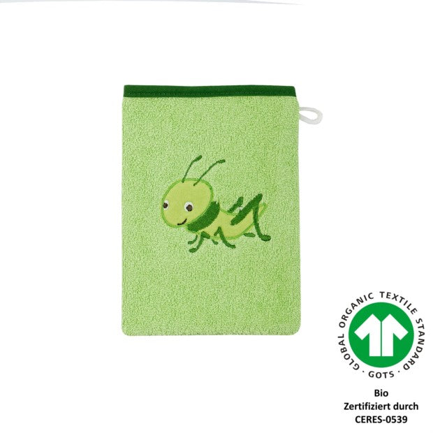 Grashüpfer hellgrün Waschhandschuh BIO Größe 15x21 cm