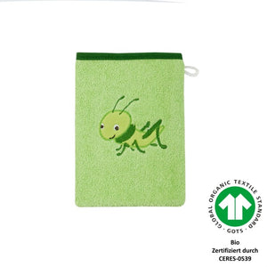 Grashüpfer hellgrün Waschhandschuh BIO Größe 15x21 cm